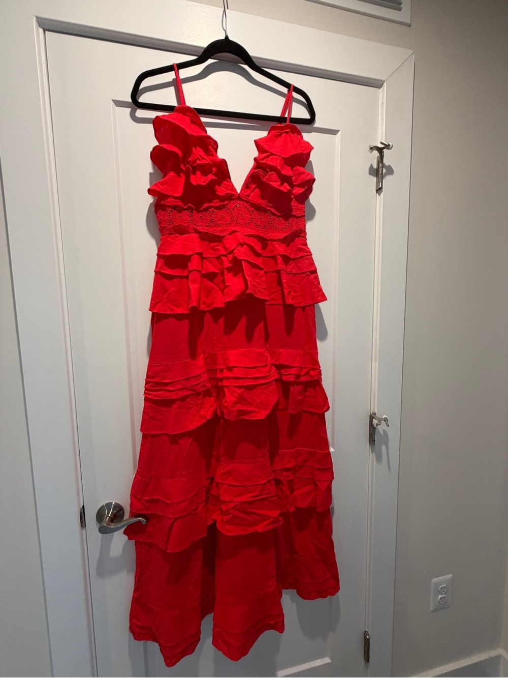 Sophia Red Deep Plunge Layered Ruffle Maxi Dress with Adjustable Straps